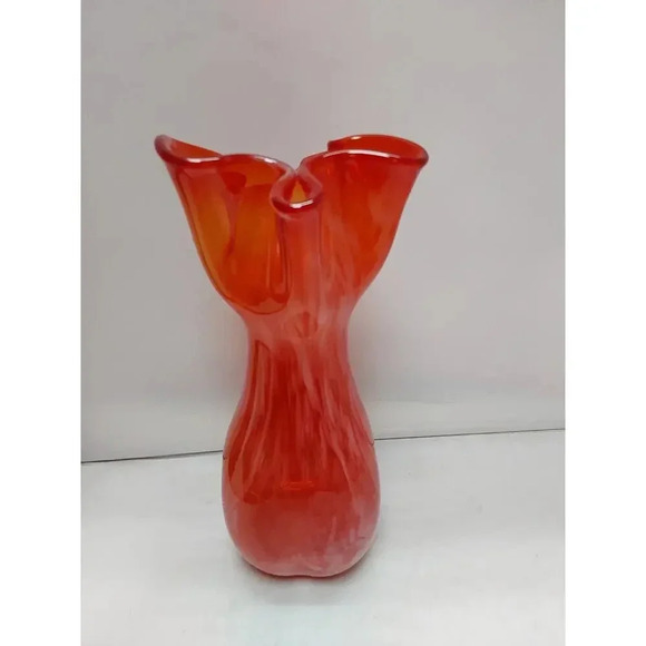 Vintage Lefton Amberina Orange Red handkerchief Ruffled edge Vase Art Glass - Picture 4 of 6